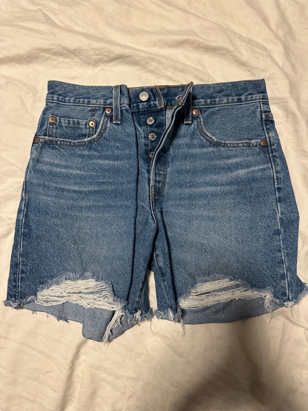 Levi's Medium Blue Distressed High-Rise Denim Shorts